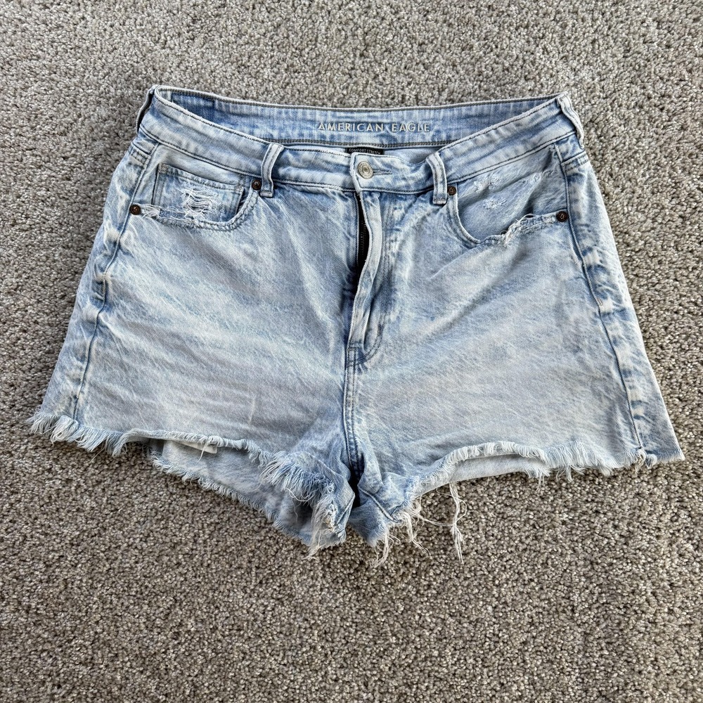 American Eagle Shorts Womens 12 32W Blue Denim Mom Cutoff Stretch High Rise